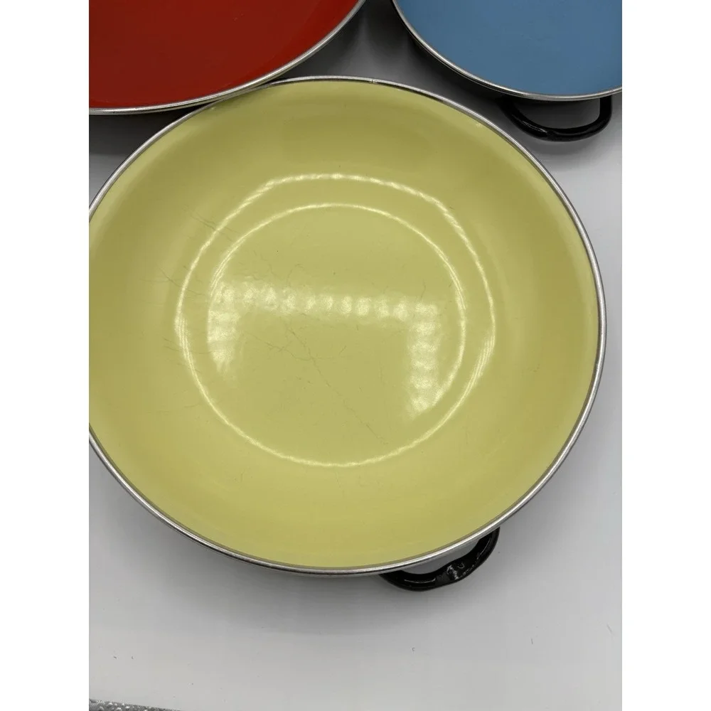 Vintage Emo Celje Yugoslavia Enamel Nesting Pan Set 3 MCM Red Yellow Blue Retro